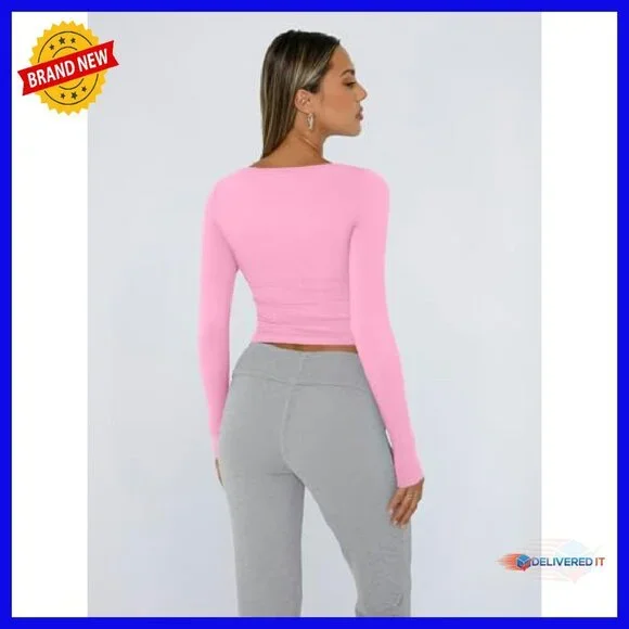 Long Sleeve Crop Top Y2K Square Neck Stretchy Tee Fall Fashion - Picture 4 of 8